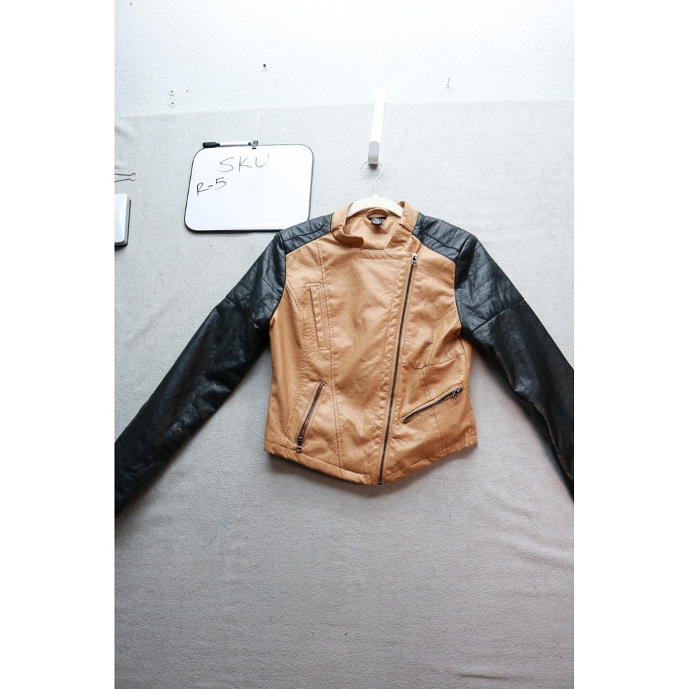 Rue21 Moto Jacket Womens M Tan Black Faux Leather Asymmetrical Zip Biker Edge
